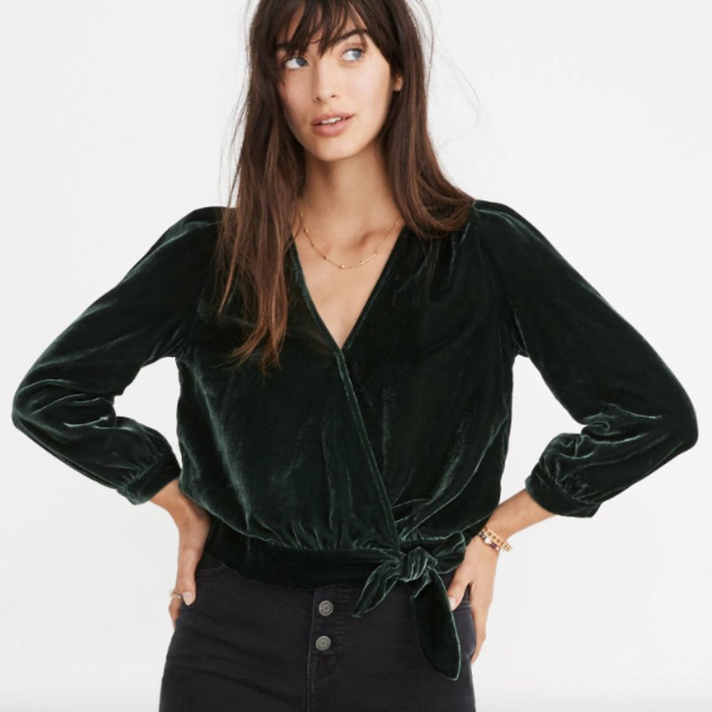 Madewell Smoky Spruce Green Velvet Wrap Top with 3/4 Sleeves, Sz Large